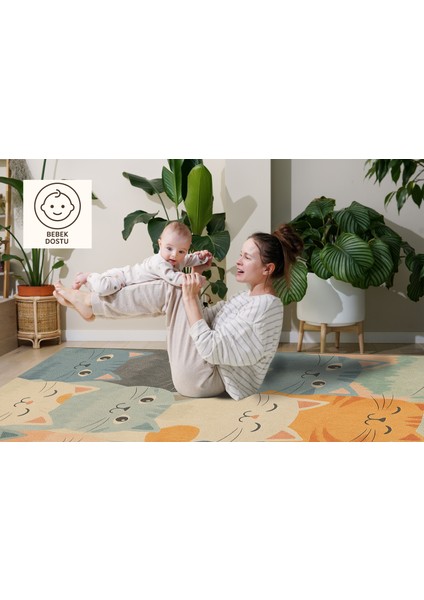 Sevimli Kedi Desenli Halı – Renkli ve Neşeli Tasarım | Kaymaz, Yıkanabilir, Evcil & Bebek Dostu