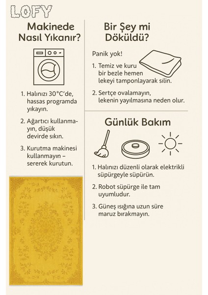 Sarı Klasik Desenli Halı – Işıltılı Vintage Şıklık | Kaymaz Taban, Yıkanabilir, Evcil Dostu