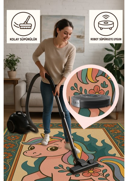 Pembe Unicorn Halı – Kaymaz Tabanlı, Yumuşak Dokulu | Bebek ve Çocuk Odaları Için Güvenli