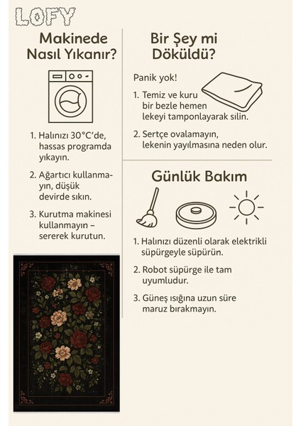 Siyah Zemin Kırmızı Çiçekli Halı – Retro Şıklık | Kaymaz Taban, Yıkanabilir, Bebek Dostu
