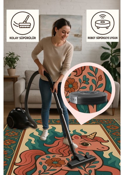 Unicorn Desenli Halı – Renkli & Eğlenceli Tasarım | Kaymaz, Yıkanabilir, Bebek ve Evcil Dostu