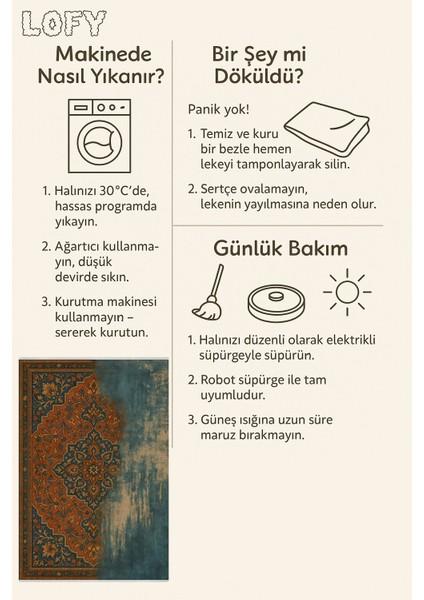 Retro Bohem Halı – Soluk Desenli Sanatsal Tasarım | Kaymaz, Yıkanabilir, Evcil Dostu