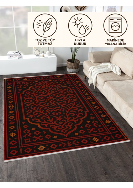 Siyah Zemin Kırmızı Geometrik Halı – Etnik Stil | Kaymaz Taban, Yıkanabilir, Evcil Dostu