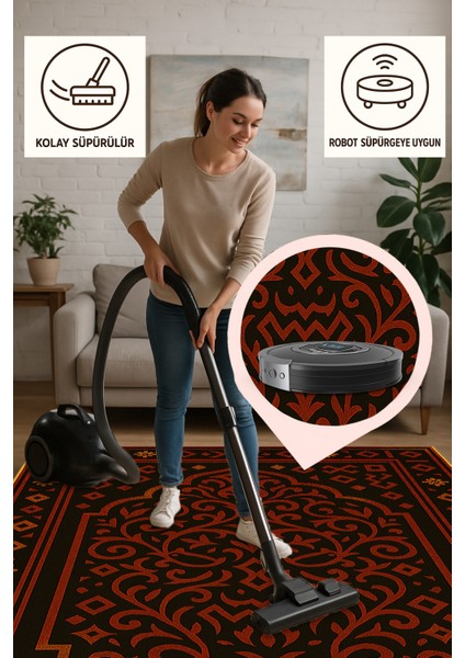 Siyah Zemin Kırmızı Geometrik Halı – Etnik Stil | Kaymaz Taban, Yıkanabilir, Evcil Dostu