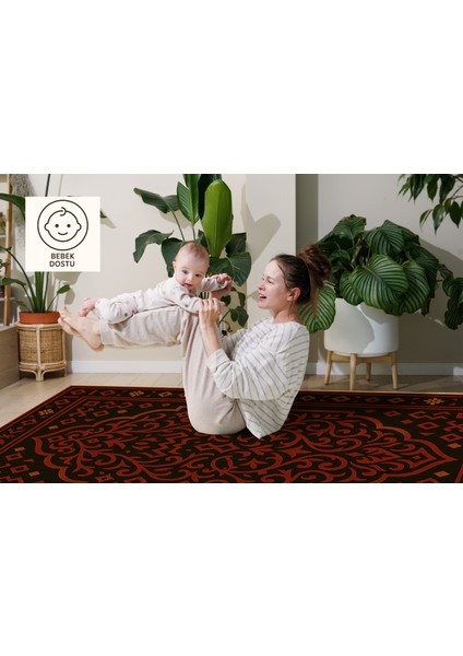 Siyah Zemin Kırmızı Geometrik Halı – Etnik Stil | Kaymaz Taban, Yıkanabilir, Evcil Dostu