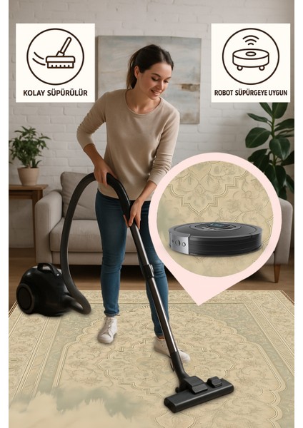 Eriyen Retro Halı – Bej Tonlarda Sanatsal Desen | Kaymaz, Yıkanabilir