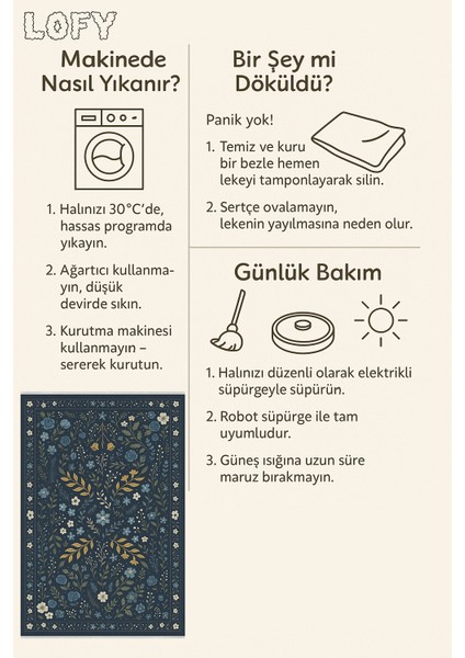 Lacivert Çiçek Desenli Halı – Kaymaz Taban, Yıkanabilir, Bebek ve Evcil Dostu, Ince Yapı