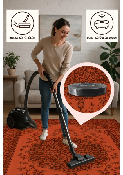 Kiremit Renkli Klasik Halı – Modern & Zamansız Desen | Kaymaz, Yıkanabilir, Evcil ve Bebek Dostu