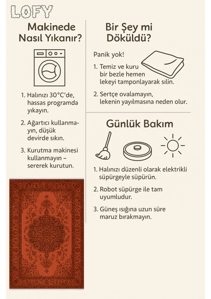 Kiremit Renkli Klasik Halı – Modern & Zamansız Desen | Kaymaz, Yıkanabilir, Evcil ve Bebek Dostu