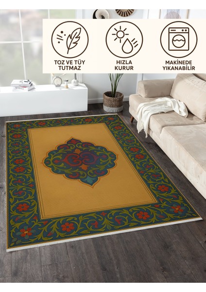 Osmanlı Motifli Halı – Sarı Zemin Üzerine Renkli Klasik Desen | Kaymaz, Yıkanabilir