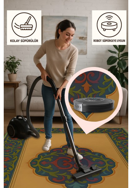 Osmanlı Motifli Halı – Sarı Zemin Üzerine Renkli Klasik Desen | Kaymaz, Yıkanabilir