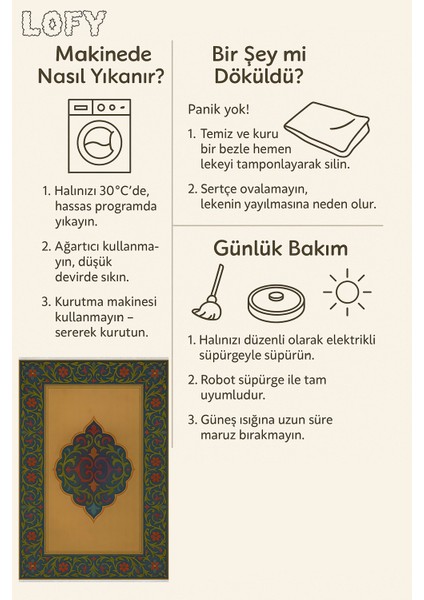 Osmanlı Motifli Halı – Sarı Zemin Üzerine Renkli Klasik Desen | Kaymaz, Yıkanabilir