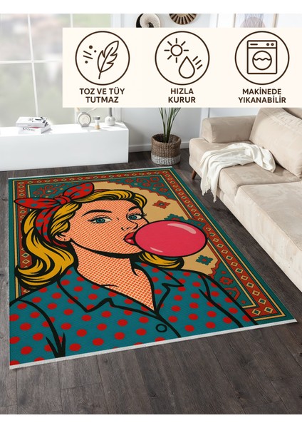 Retro Pop Art Halı – Renkli Sakız Temalı | Kaymaz Taban & Yıkanabilir | Modern Genç Odası Halısı