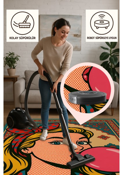 Retro Pop Art Halı – Renkli Sakız Temalı | Kaymaz Taban & Yıkanabilir | Modern Genç Odası Halısı