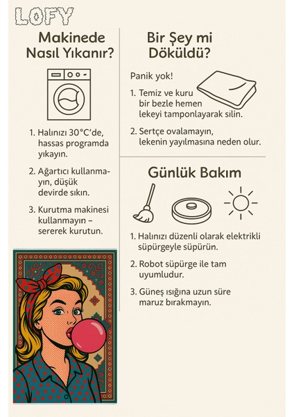 Retro Pop Art Halı – Renkli Sakız Temalı | Kaymaz Taban & Yıkanabilir | Modern Genç Odası Halısı
