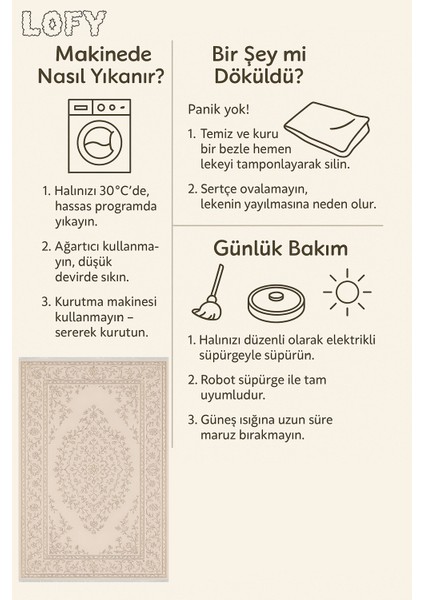 Krem Klasik Desenli Halı – Zarif ve Şık Stil | Kaymaz Taban, Yıkanabilir, Evcil Dostu