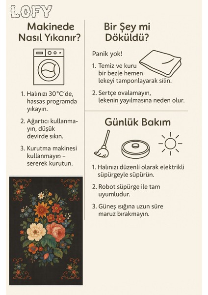 Siyah Zeminli Çiçek Desenli Halı – Kaymaz, Yıkanabilir, Bebek ve Evcil Dostu Dekoratif Halı