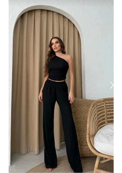 Siyah Yeni Sezon Kadın Bürümcük Kumaş Tek Omuz Crop-Bol Paça Pantolon Sezon Trendi Ikili Takım