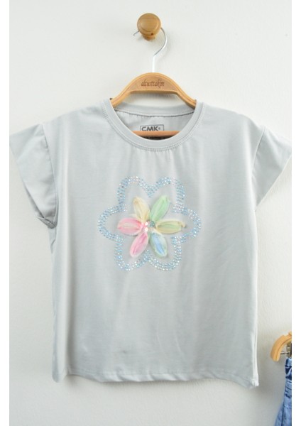 Gri Çiçek Motifli Tşört ve Jean Şort Etekli Takım (5-12 Yaş) modelleri