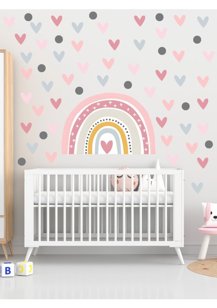 Soft Pembe Tonlarda Gökkuşağı ve Kalpler Bebek Çocuk Odası Duvar Sitcker
