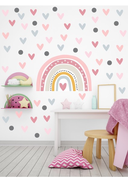 Soft Pembe Tonlarda Gökkuşağı ve Kalpler Bebek Çocuk Odası Duvar Sitcker