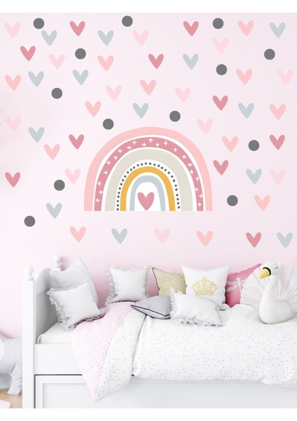 Soft Pembe Tonlarda Gökkuşağı ve Kalpler Bebek Çocuk Odası Duvar Sitcker