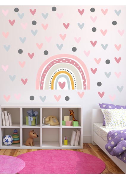 Soft Pembe Tonlarda Gökkuşağı ve Kalpler Bebek Çocuk Odası Duvar Sitcker