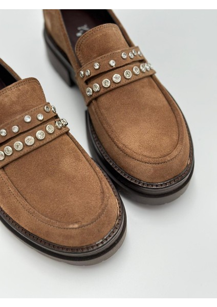 Kadın Sigaro Süet Taşlı Loafer Ayakkabı