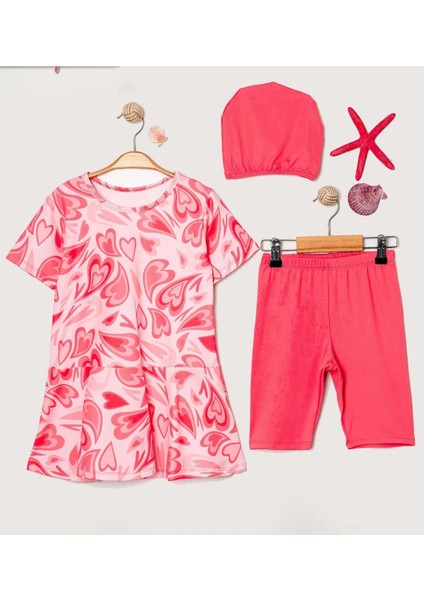 Kız Çocuk Üst , Bone , Tayt 3 Parça Ebru Kalpli Tesettür Deniz Havuz Mayo Takımı