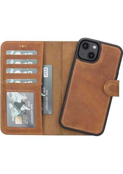 Apple iPhone 14 Uyumlu Deri Cüzdanlı Kılıf Mwwn G19 Taba