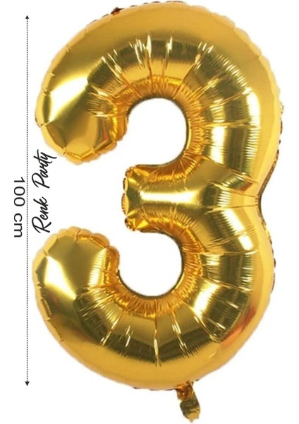 Folyo Balon 3 Rakamı Helyum Balon 100 cm Gold Renk - 3 Yaş Balonu - 3 Rakam Balon - 40 Inch