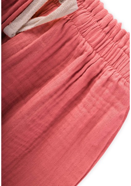 Organic Beli Fırfırlı Geniş Kesim Müslin Pantolon 1-8 Yaş Mercan