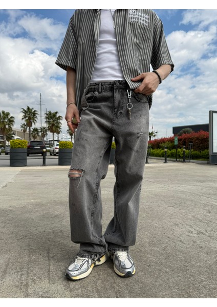 Tek Diz Yırtık Detaylı Baggy Pantolon - Gri