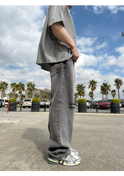Tek Diz Yırtık Detaylı Baggy Pantolon - Gri fiyatları