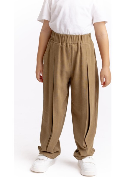 Paça ve Belden Kapalı A Pile Keten Pantolon 2-7 Yaş Caramel