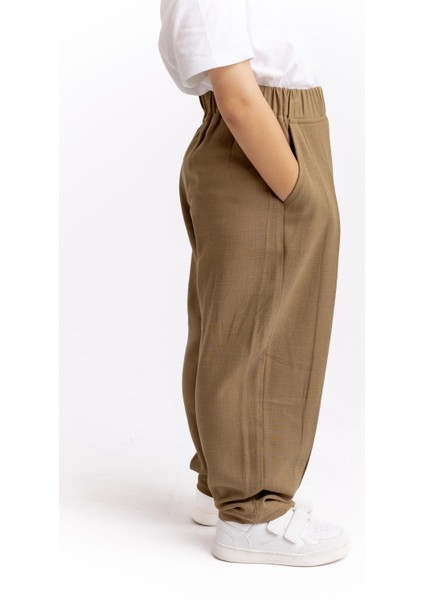 Paça ve Belden Kapalı A Pile Keten Pantolon 2-7 Yaş Caramel