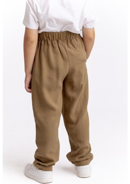 Paça ve Belden Kapalı A Pile Keten Pantolon 2-7 Yaş Caramel
