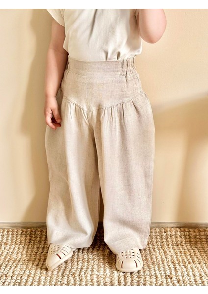 Korsajlı Büzgülü Keten Pantolon 2-7 Yaş Naturel