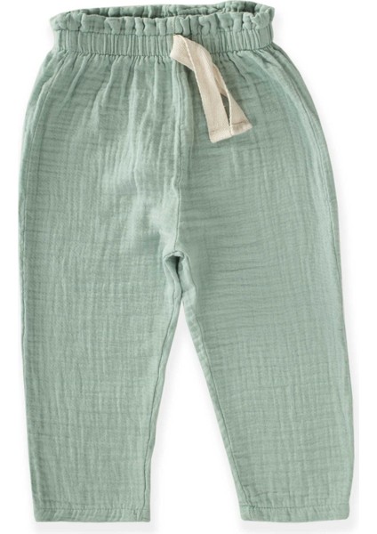 Beli Fırfırlı Geniş Kesim Müslin Pantolon Mint Yeşili