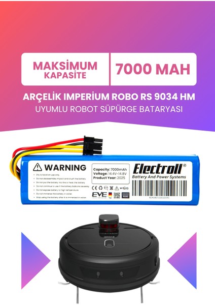Arçelik Imperium Robo Rs 9034 Hm Uyumlu Batarya (Maksimum Kapasite) 7000mah Robot Süpürge Bataryası