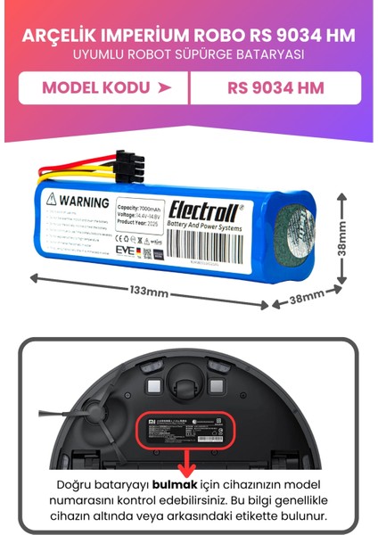 Arçelik Imperium Robo Rs 9034 Hm Uyumlu Batarya (Maksimum Kapasite) 7000mah Robot Süpürge Bataryası fiyatları
