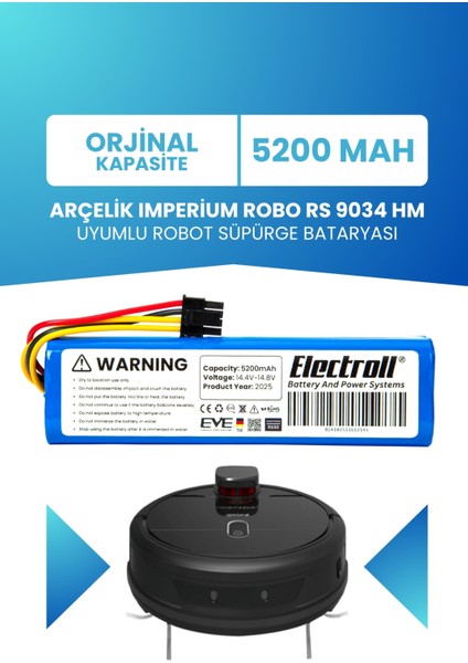 Arçelik Imperium Robo Rs 9034 Hm Uyumlu Batarya (Standart Kapasite) 5200mah Robot Süpürge Bataryası