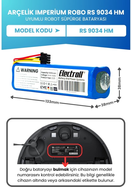 Arçelik Imperium Robo Rs 9034 Hm Uyumlu Batarya (Standart Kapasite) 5200mah Robot Süpürge Bataryası fiyatları
