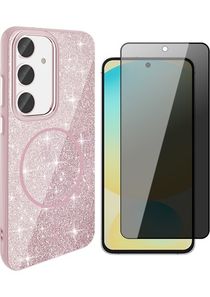 Samsung Galaxy S24 Fe Kılıf M-Safe Şarj Özellikli Parlayan Simli Zore Okso Kapak + Hayalet Temperli Ekran Koruyucu