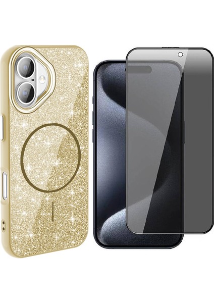 iPhone 16 Plus Kılıf M-Safe Şarj Özellikli Parlayan Simli Zore Okso Kapak + Hayalet Temperli Ekran Koruyucu