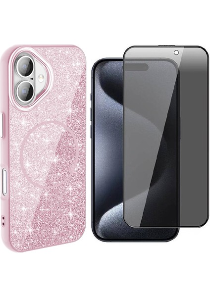 iPhone 16 Plus Kılıf M-Safe Şarj Özellikli Parlayan Simli Zore Okso Kapak + Hayalet Temperli Ekran Koruyucu