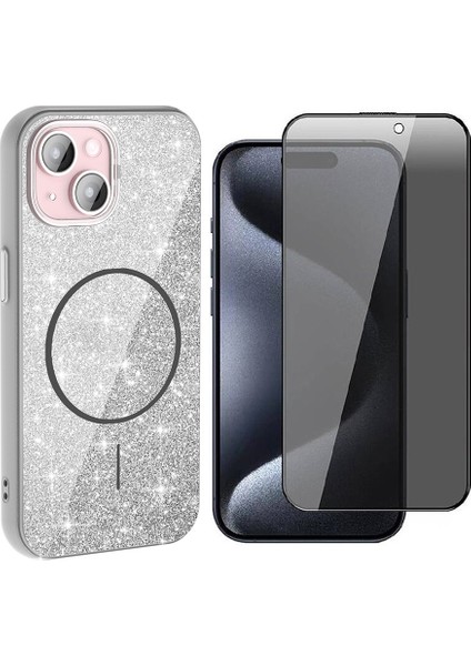 iPhone 14 Kılıf M-Safe Şarj Özellikli Parlayan Simli Zore Okso Kapak + Hayalet Temperli Ekran Koruyucu