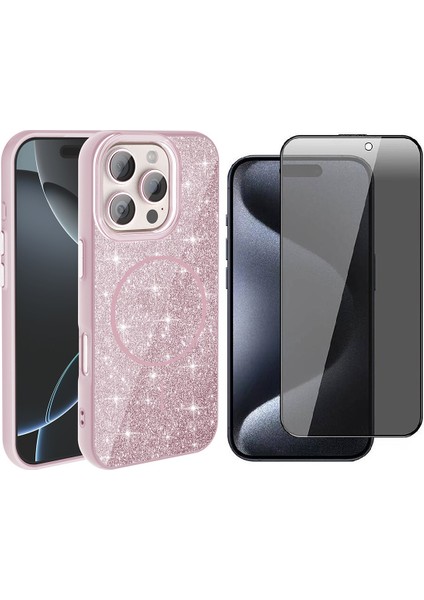 iPhone 15 Pro Max Kılıf M-Safe Şarj Özellikli Parlayan Simli Zore Okso Kapak + Hayalet Temperli Ekran Koruyucu