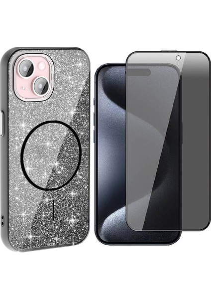 iPhone 15 Kılıf M-Safe Şarj Özellikli Parlayan Simli Zore Okso Kapak + Hayalet Temperli Ekran Koruyucu