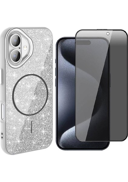 iPhone 16 Plus Kılıf M-Safe Şarj Özellikli Parlayan Simli Zore Okso Kapak + Hayalet Temperli Ekran Koruyucu